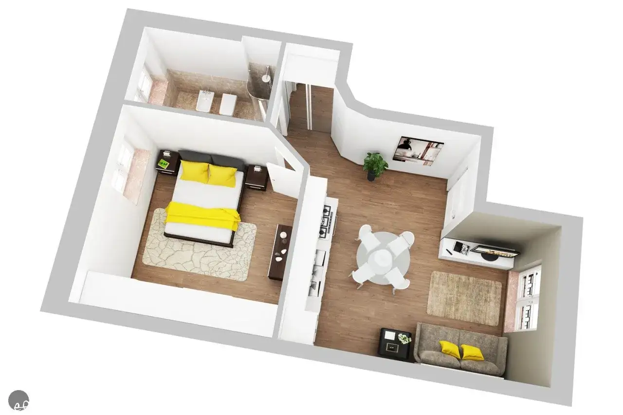 Progetto piccola casa di campagna: vista aerea di un appartamento con camera da letto, bagno, soggiorno con divano e TV, e zona pranzo con tavolo rotondo.