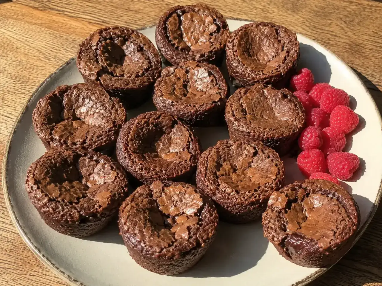 En tallrik med kladdiga chokladmuffins och färska hallon. Perfekt för fikat!