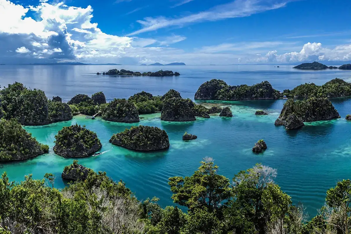 Raja Ampat: üppige Inseln im türkisfarbenen Meer, ideal für die beste Reisezeit. Ein Boot gleitet durch das ruhige Wasser.