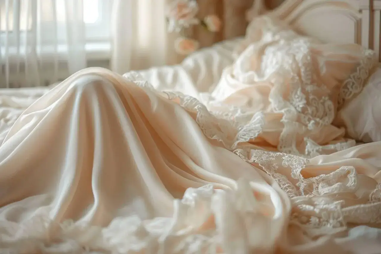 Drapé de satin ivoire et dentelle délicate, évoquant le choix du tissu pour robe de mariée parfaite.