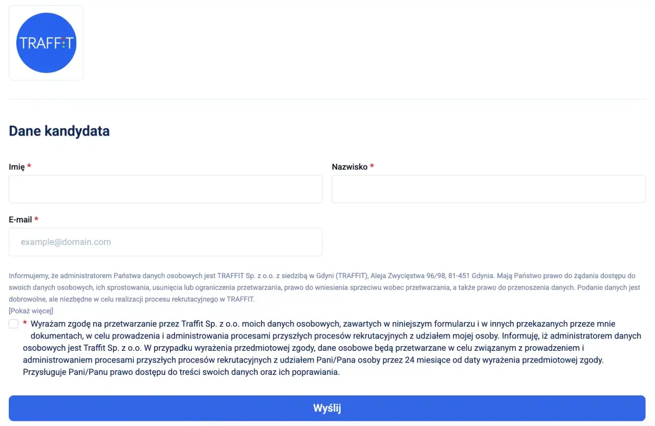 Formularz rekrutacyjny z polami na dane kandydata i klauzulą RODO.