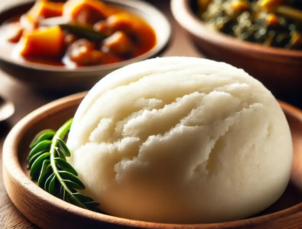 Puszyste ugali w drewnianej misce, obok miseczki z gulaszem. Idealny dodatek do tradycyjnych dań.