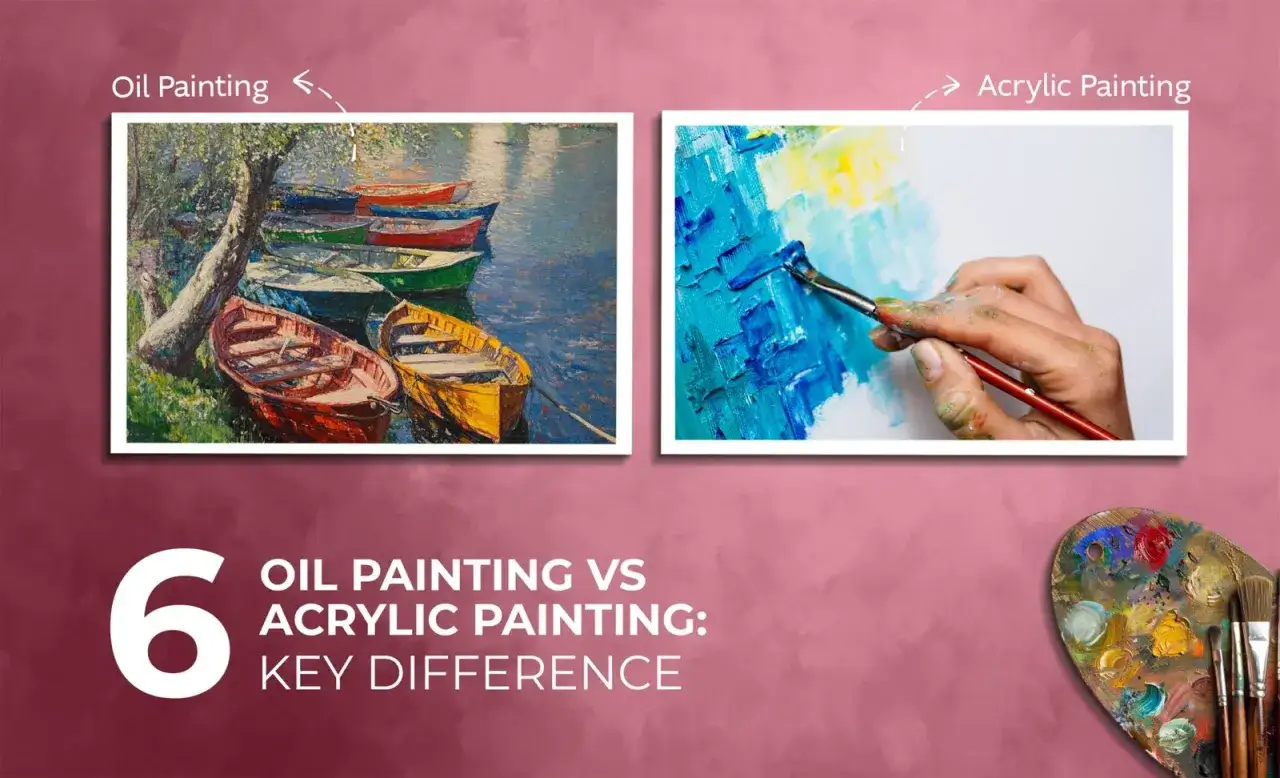 Comparaison entre une peinture à l'huile de bateaux colorés et une peinture acrylique abstraite en cours de création.