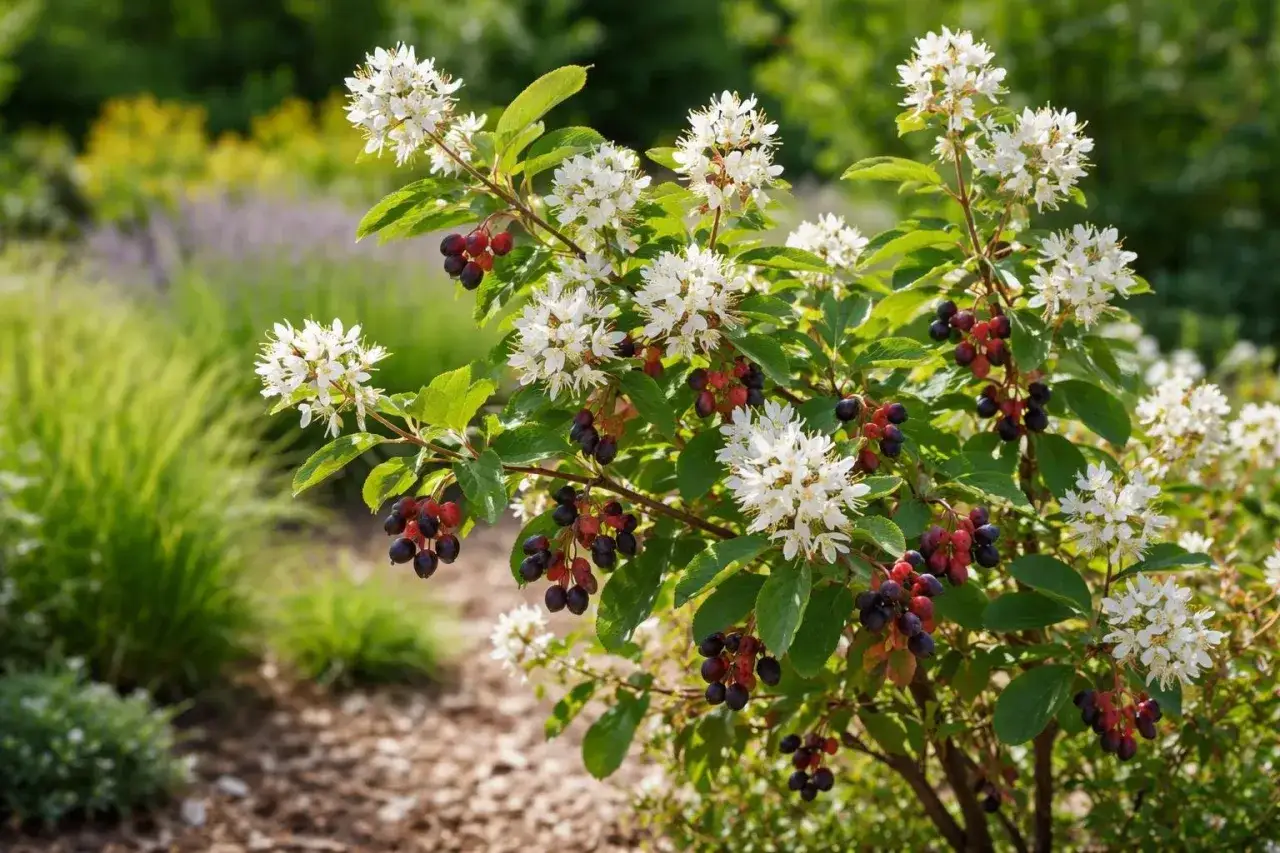 Felsenbirne mit wei&szlig;en Bl&uuml;ten und roten/dunklen Beeren. Ein idealer Standort f&uuml;r diese Pflanze ist im Hintergrund zu sehen, mit anderen Str&auml;uchern und Gr&auml;sern.