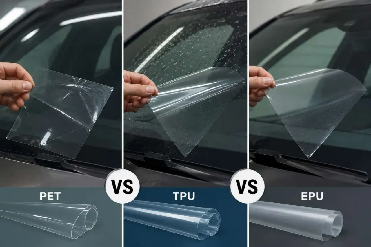 Vergleich von PET, TPU und EPU Folien für Autoscheiben. Mit EPU wird man durch Glas braun, da es UV-Schutz bietet.