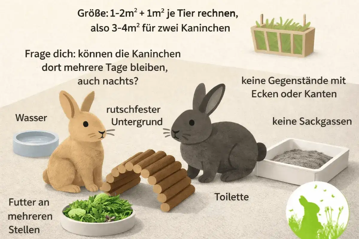 Zwei Kaninchen, ein braunes und ein graues, in einem Gehege mit Wasser, Futter und Toilette. Ideal f&uuml;r einen neuen kaninchen partner gesucht.