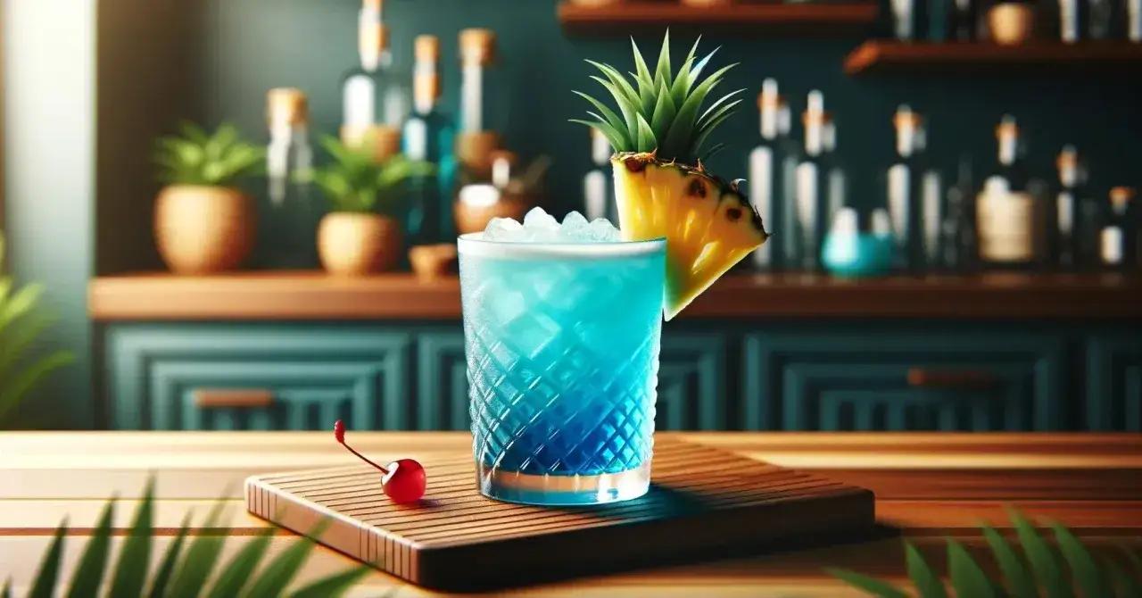 Orzeźwiający drink Blue Hawaii z ananasem i wisienką, idealny na tropikalny wieczór.