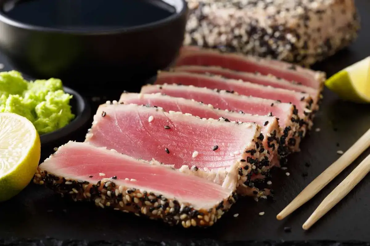 Tagliata di tonno scottata in crosta di sesamo, servita con wasabi, lime e salsa di soia.
