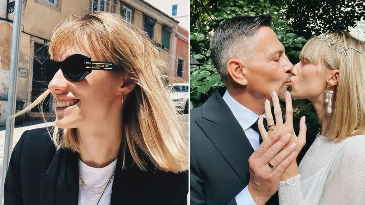 Joanna Kudzbalska wiek: uśmiechnięta blondynka w okularach i para całująca się w dniu ślubu.