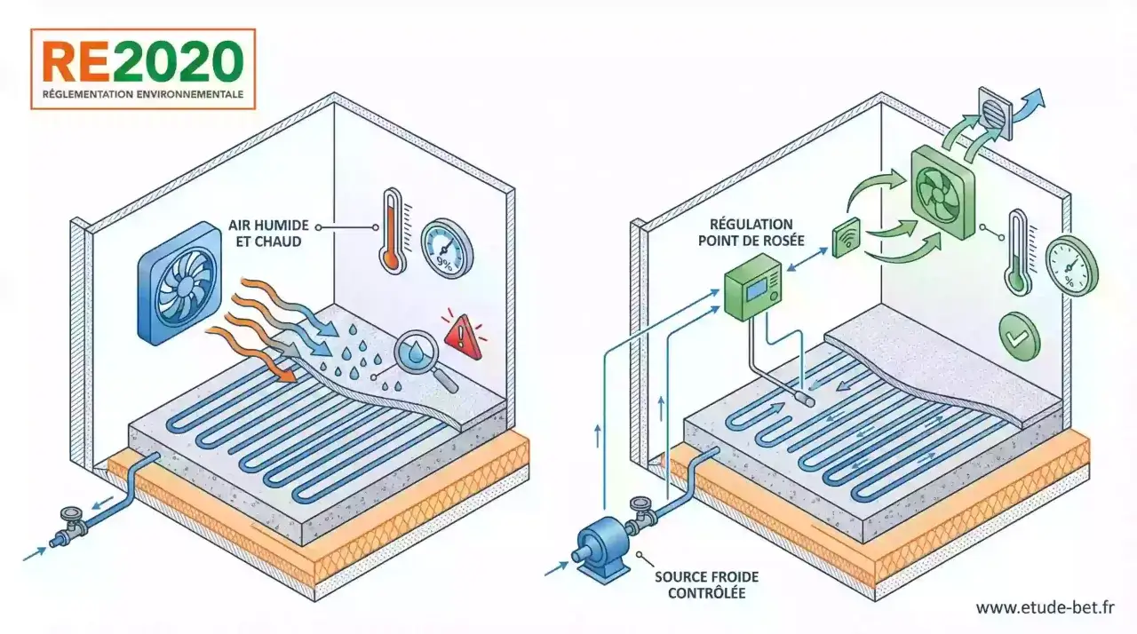 Le plancher rafraîchissant peut causer de la condensation si le point de rosée n'est pas régulé. L'image montre les inconvénients potentiels.