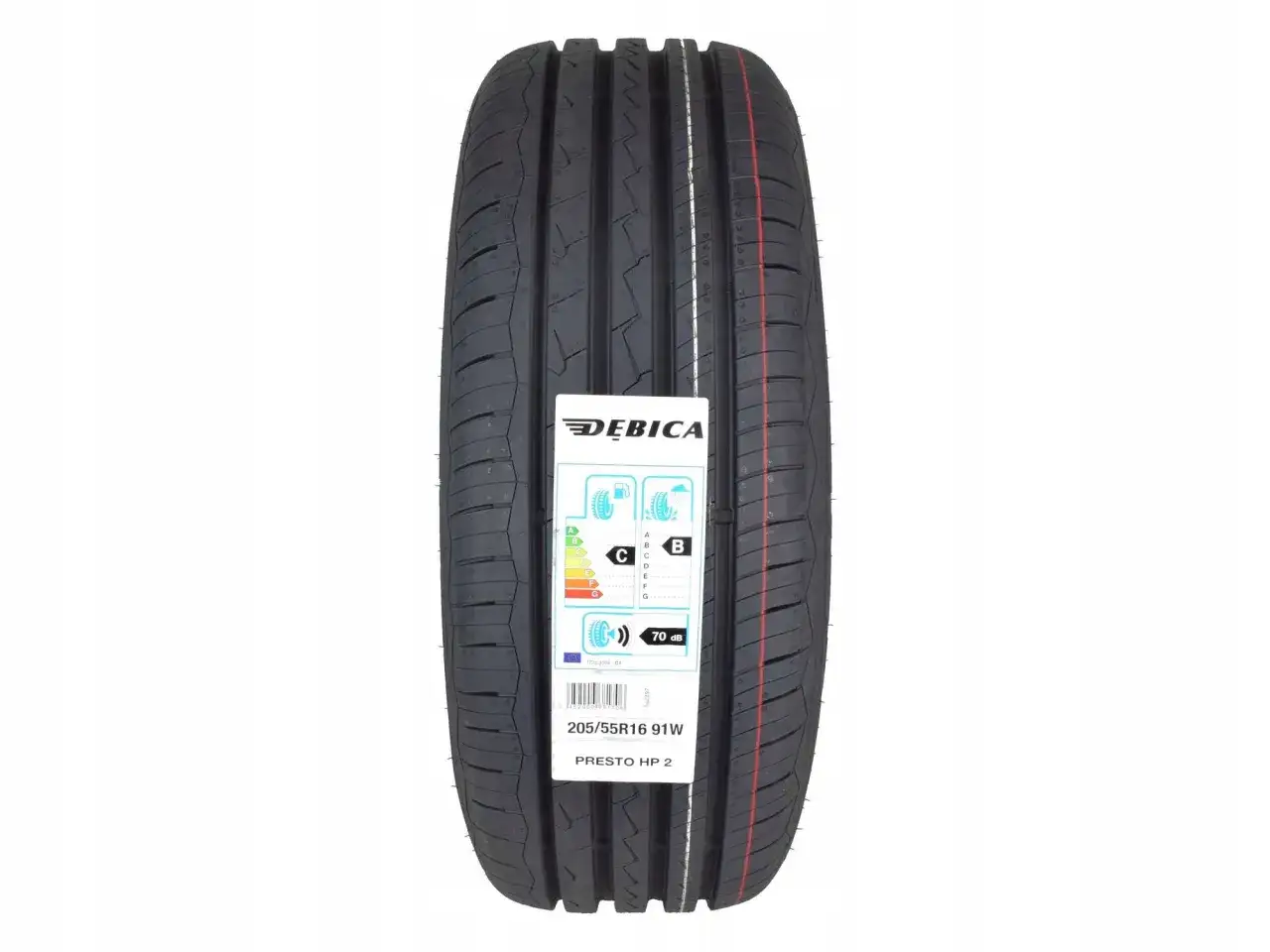 Opona samochodowa Dębica Presto HP 2, rozmiar 205/55R16 91W, z etykietą energetyczną.