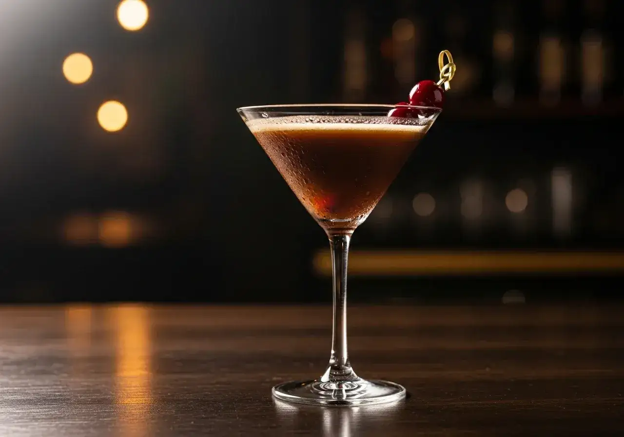 En Kahl&uacute;a Sour, en m&ouml;rk, skummande cocktail i ett martiniglas, garnerad med k&ouml;rsb&auml;r. Perfekt f&ouml;r en mysig kv&auml;ll.