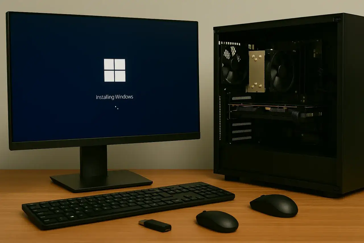 Neuer PC ohne Betriebssystem: Windows 11 wird gerade installiert. Der Bildschirm zeigt das Windows-Logo und den Text