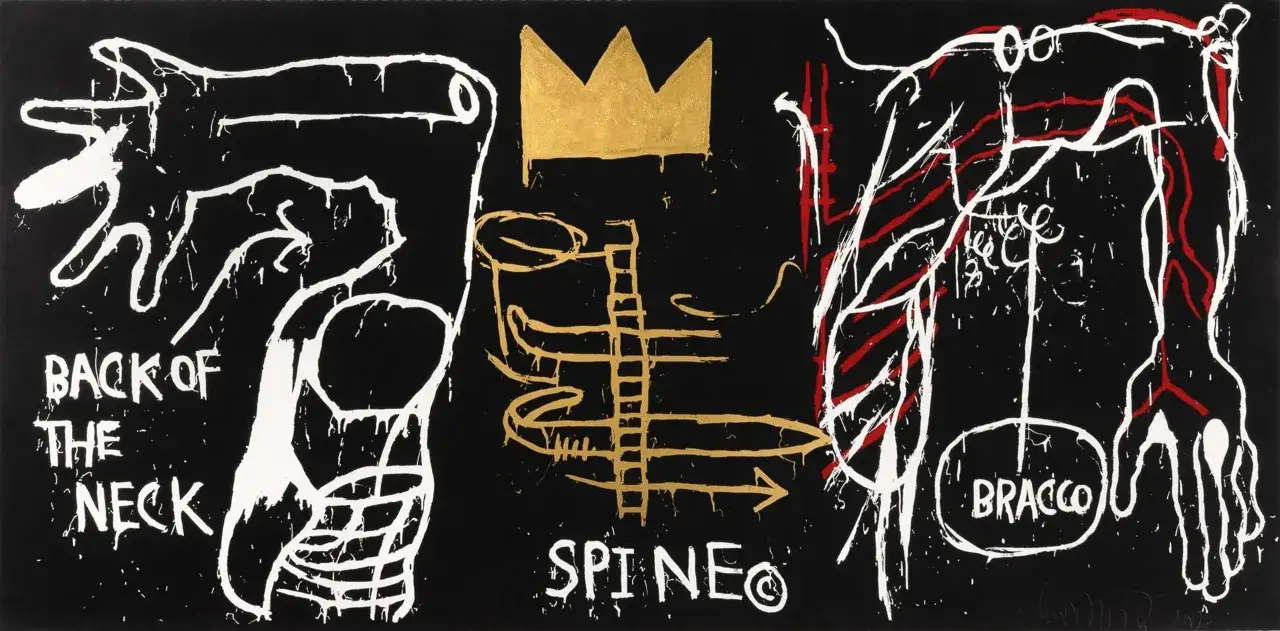 Œuvre **basquiat style** : corps humain stylisé, couronne dorée, texte