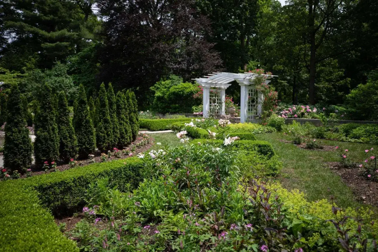A serene garden scene at the Indianapolis Museum of Art, featuring a white pergola, manicured hedges, and blooming peonies.