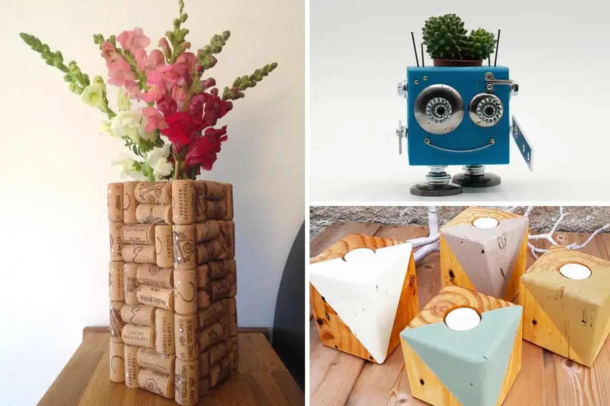 Vaso fatto con tappi di sughero, un simpatico robot portapiante e portacandele in legno e cemento: idee per lavoretti utili per la casa.
