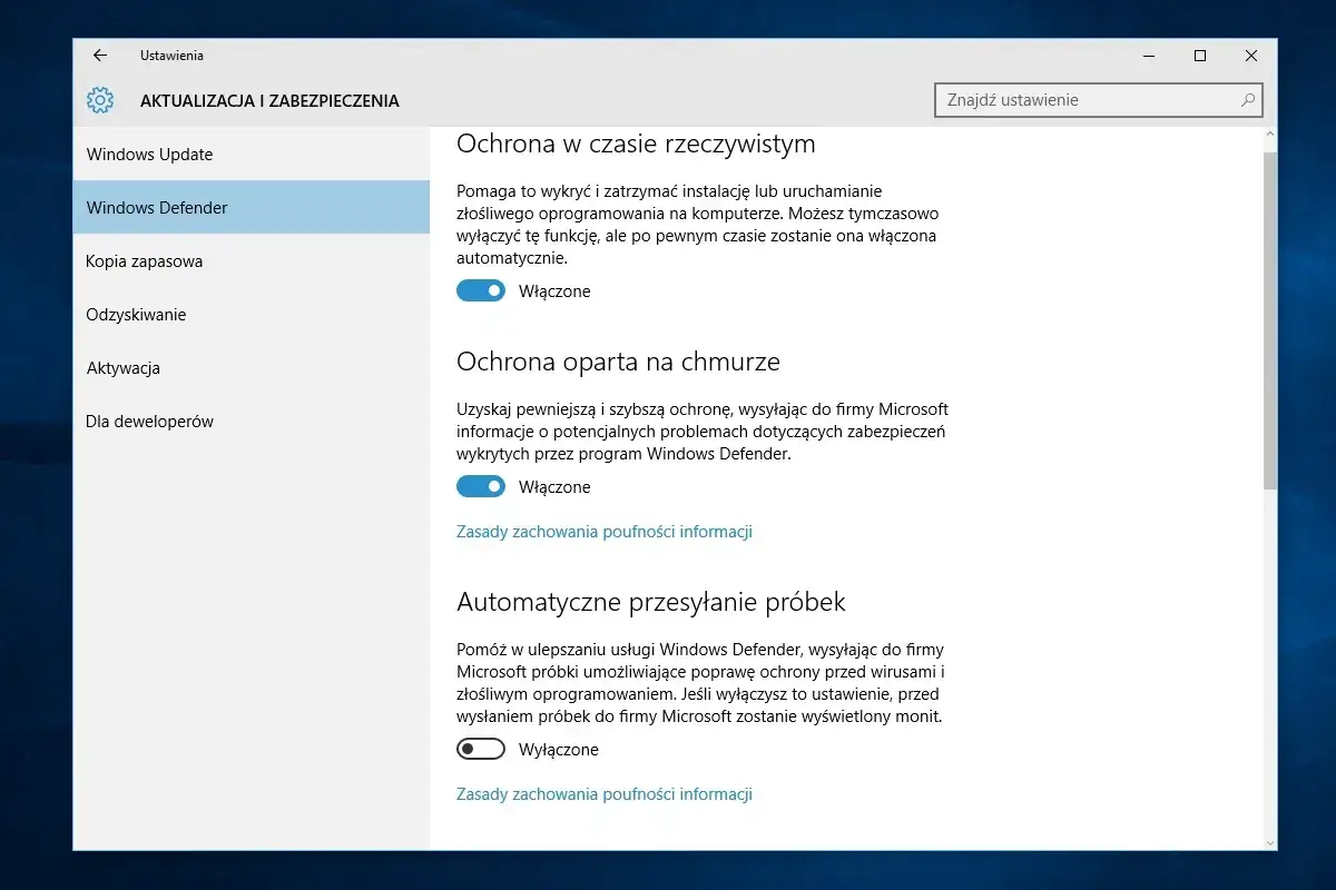 Ustawienia Windows Defender: ochrona w czasie rzeczywistym, oparta na chmurze i automatyczne przesyłanie próbek.