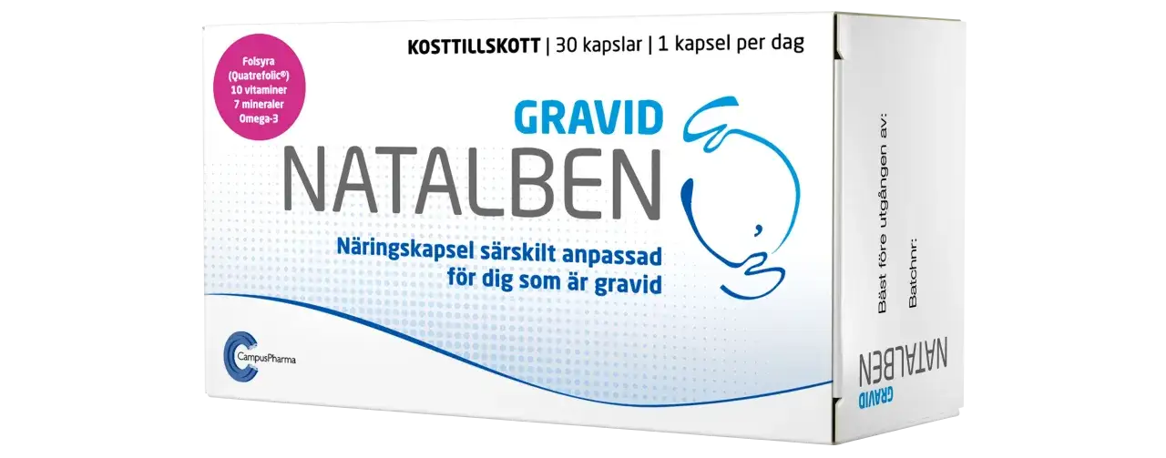 Natalben, n&auml;ringskapsel f&ouml;r dig som &auml;r gravid, inneh&aring;ller folsyra, vitaminer, mineraler och omega-3.