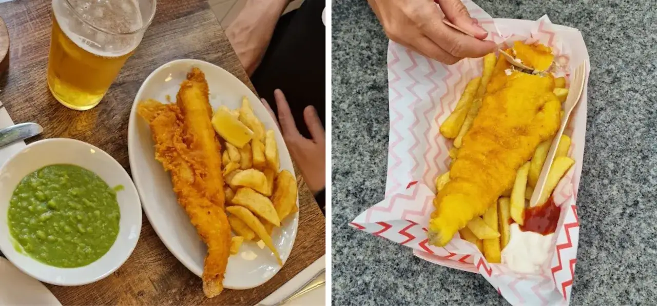 Tradycyjne jedzenie w Londynie: chrupiący fish and chips z groszkiem i piwem. Pyszny posiłek w brytyjskim stylu.