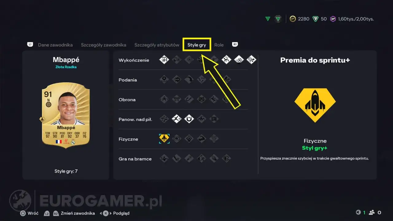 Karta zawodnika Mbappé z grą FIFA. Widoczny jest jego profil, statystyki i ikony stylu gry.