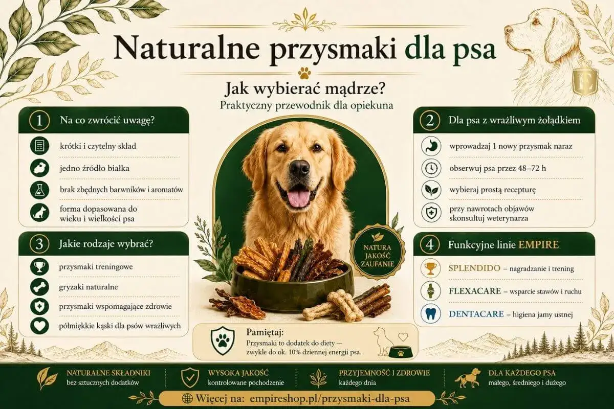 Naturalne przysmaki dla psa: przewodnik po wyborze, składzie i rodzajach. Zdjęcie przedstawia uśmiechniętego golden retrievera z miską pełną przysmaków.