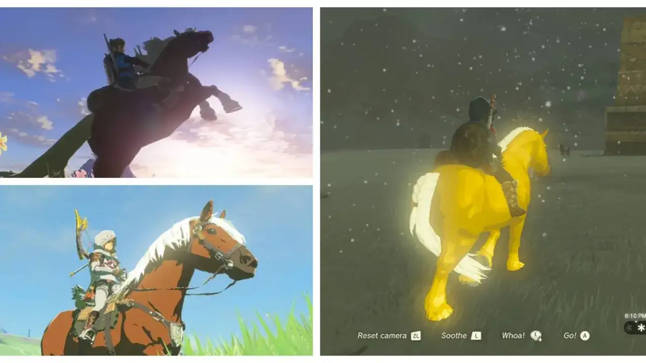 El fiel caballo dorado de Zelda, Epona, galopa bajo un cielo estrellado. Link, montado en su leal corcel, se aventura por Hyrule.