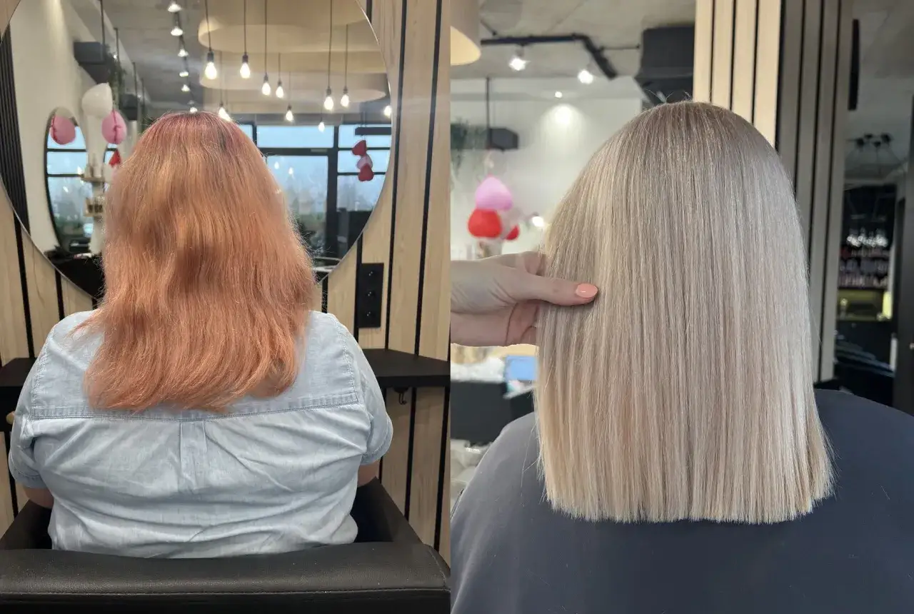 Przemiana włosów: przed rudawy, po piękny blond. Rozjaśnione włosy przed i po metamorfozie.