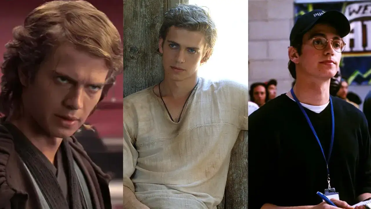 Hayden Christensen in tre ruoli iconici: Anakin Skywalker, un giovane con tunica e un ragazzo con cappellino e occhiali. Film e programmi TV dell'attore.