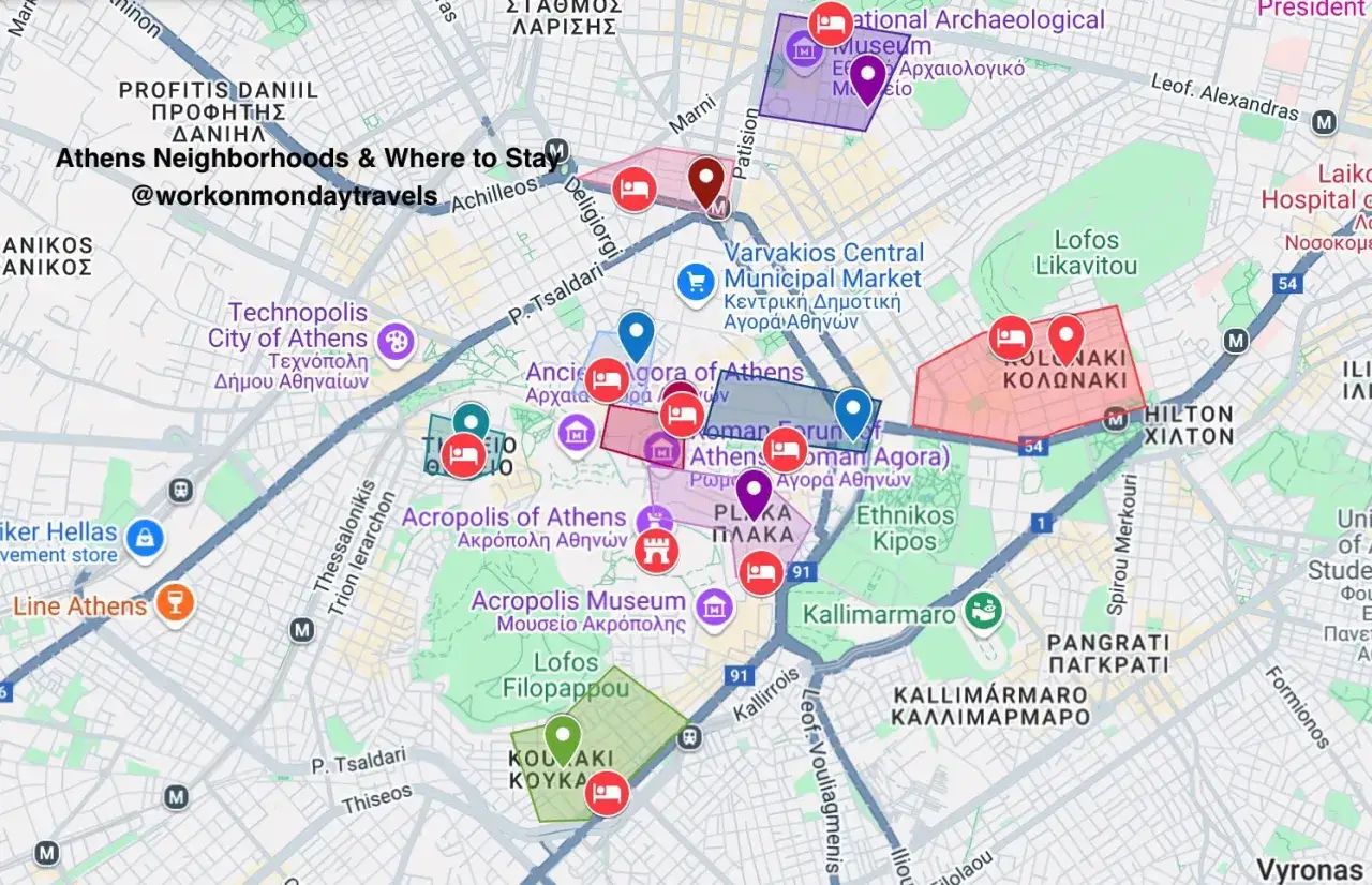Mapa Aten z zaznaczonymi dzielnicami: Plaka, Kolonaki, Akropol. Planowanie podróży po **Ateny dzielnice**.