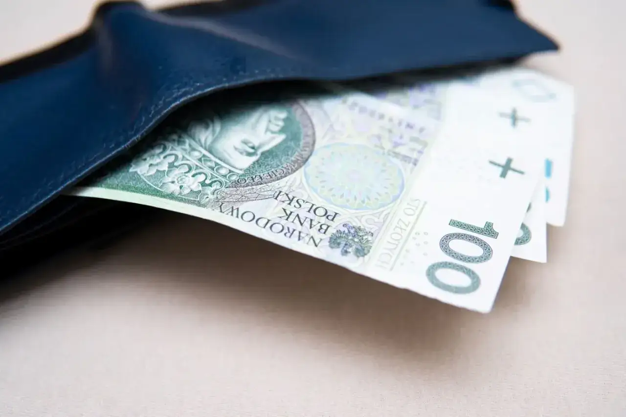 Niebieski portfel z banknotami 100 zł. Idealny na wyprawkę 300 plus, by kupić potrzebne rzeczy dla dziecka.