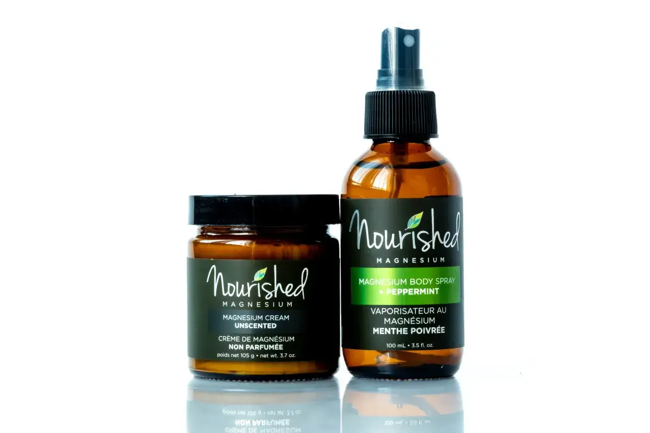 Crema y spray de magnesio para la piel, de la marca Nourished. Cuidado corporal con magnesio.