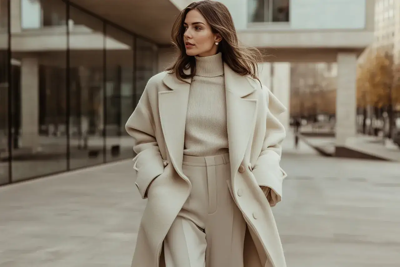 Elegancka kobieta w kremowym płaszczu i golfie, uosobienie klasycznego stylu ubierania.