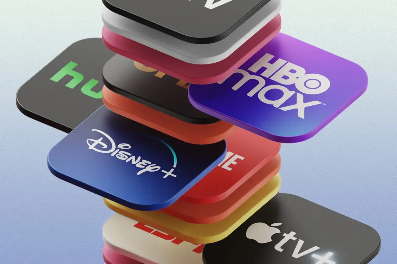 Stos ikon popularnych platform streamingowych: Disney+, HBO Max, Hulu, Apple TV+ i inne.