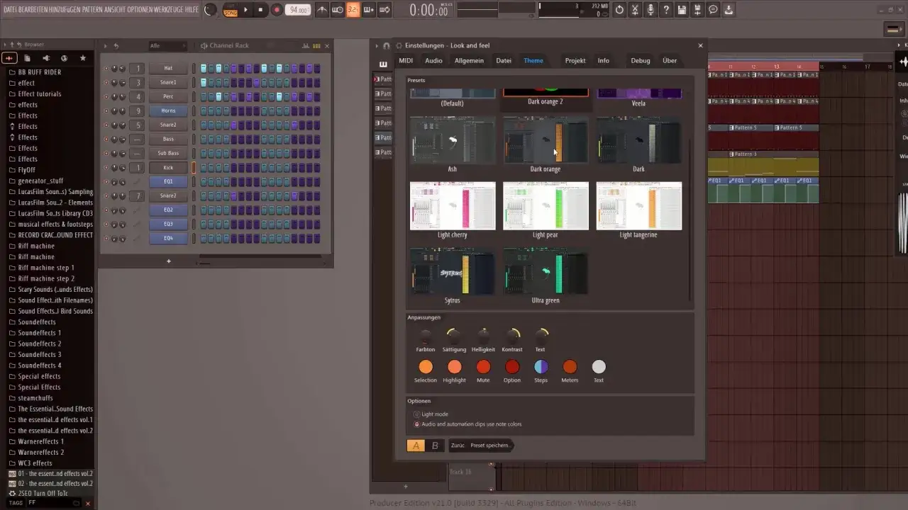 Interface de FL Studio avec des thèmes variés, dont 