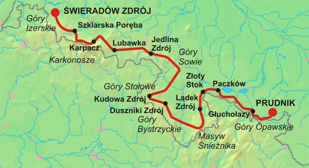 mapa Gł&oacute;wnego Szlaku Sudeckiego z etapami