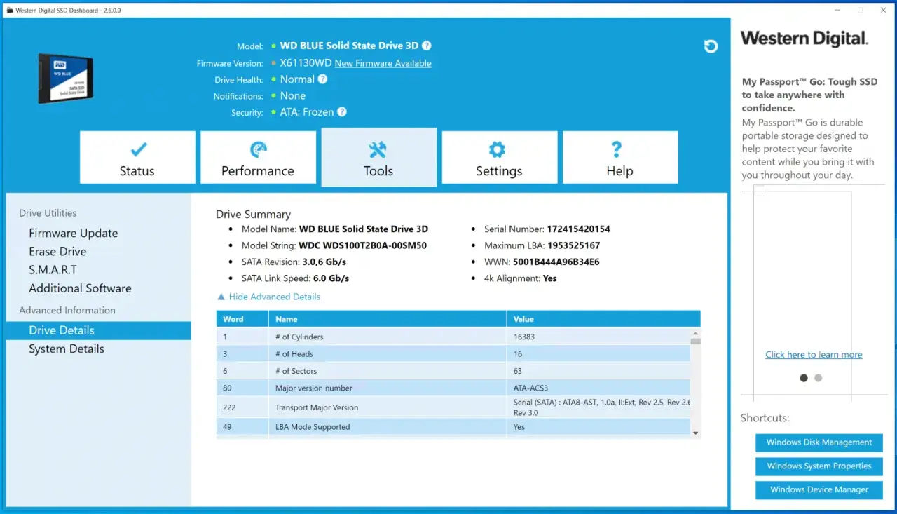 WD Diagnose Tool zeigt Details einer WD BLUE SSD 3D an, inklusive Seriennummer und S.M.A.R.T.-Werte.