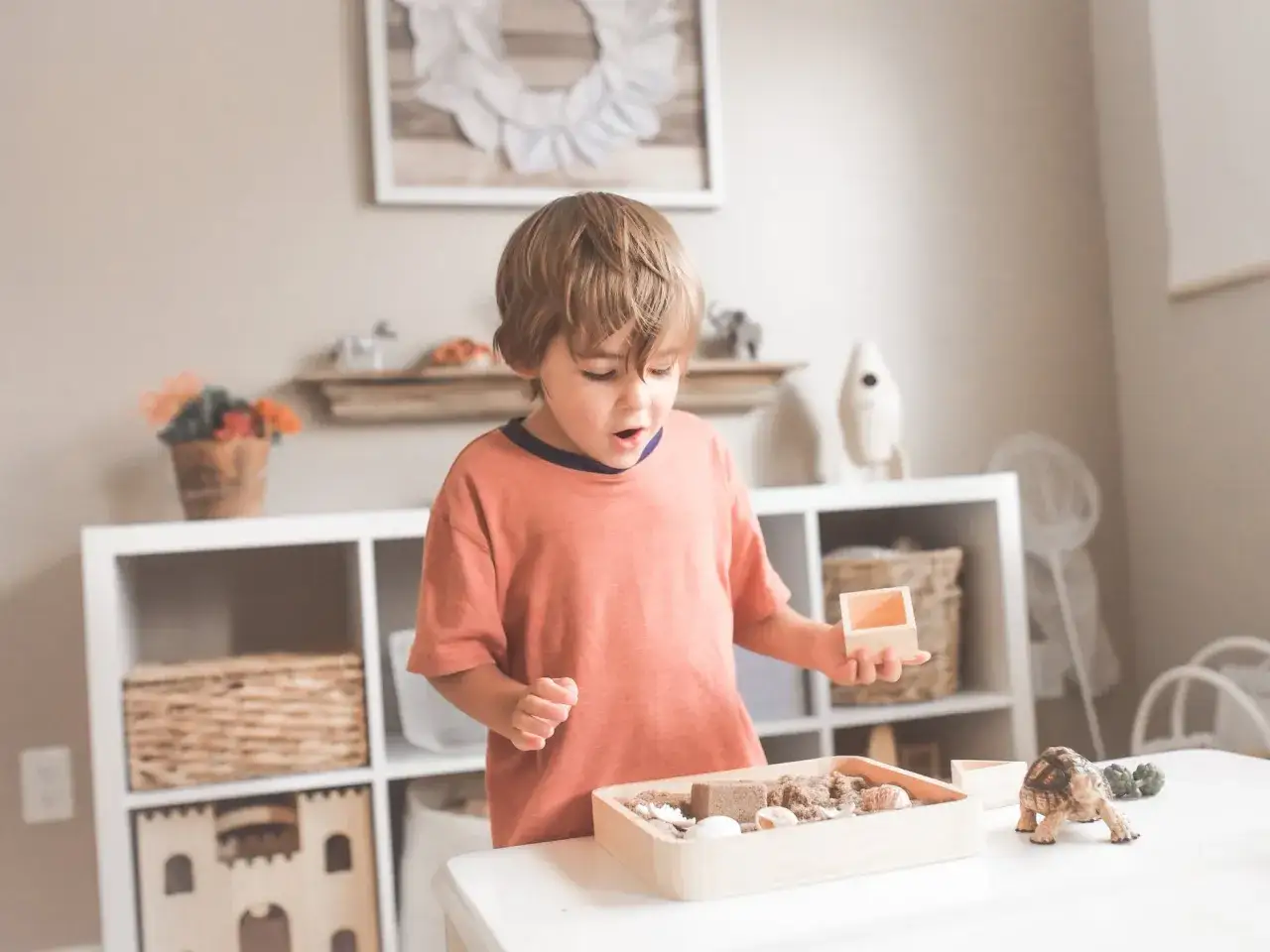 Ni&ntilde;o con expresi&oacute;n de asombro juega con arena y conchas, como si fueran tesoros de ni&ntilde;os cristal.