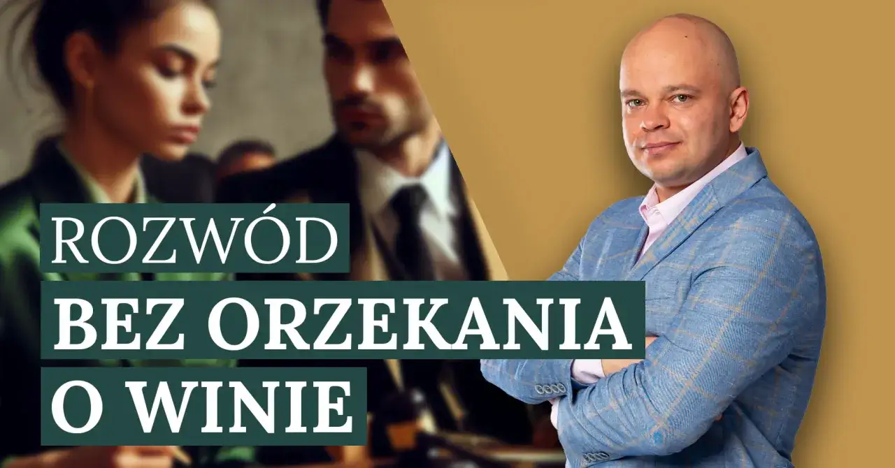 Mężczyzna w garniturze wyjaśnia, jak złożyć pozew o rozwód bez orzekania o winie. W tle para w smutnych nastrojach.