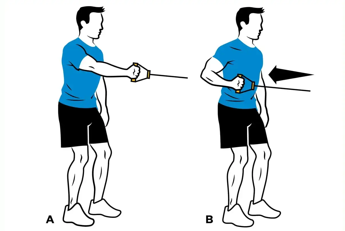 Man utför stående rodd med kabelmaskin. Bild A visar startposition, bild B visar slutposition.
