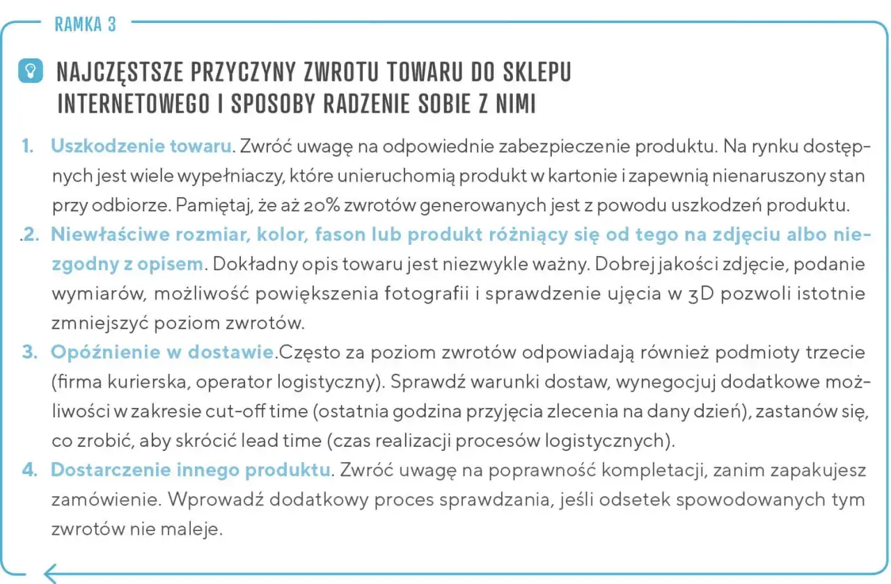 Najczęstsze przyczyny zwrotu towaru: uszkodzenie, niezgodność z opisem, opóźnienie dostawy, pomyłka w zamówieniu.