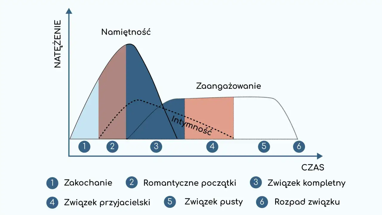 Wykres pokazuje fazy związku: od zauroczenia, przez namiętność, intymność, zaangażowanie, aż po pustkę lub rozpad. Osobowość zależna w związku może wpływać na dynamikę tych etapów.