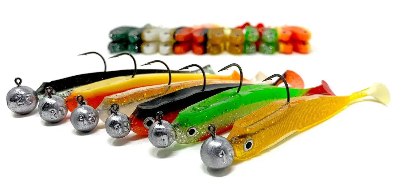 Beste Gummifische Zander: bunte Gummifische mit Bleik&ouml;pfen und Haken, bereit f&uuml;r den Fang.