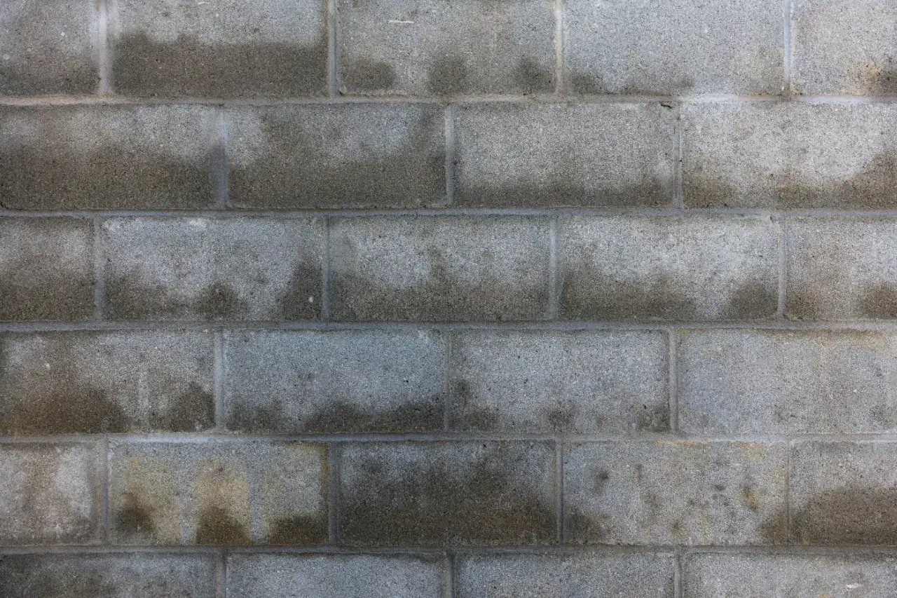 Graue Betonmauer mit dunklen Flecken, die auf Feuchtigkeit hinweisen. Ma&szlig;nahmen zur kapillarwirkung verhindern sind hier wichtig.