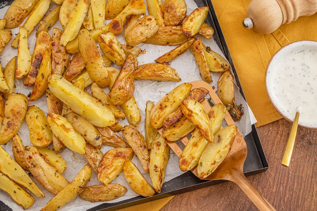 Goldbraune, knusprige kartoffelspalten vom blech, gewürzt mit Kräutern, liegen bereit zum Dippen in einer cremigen Sauce.
