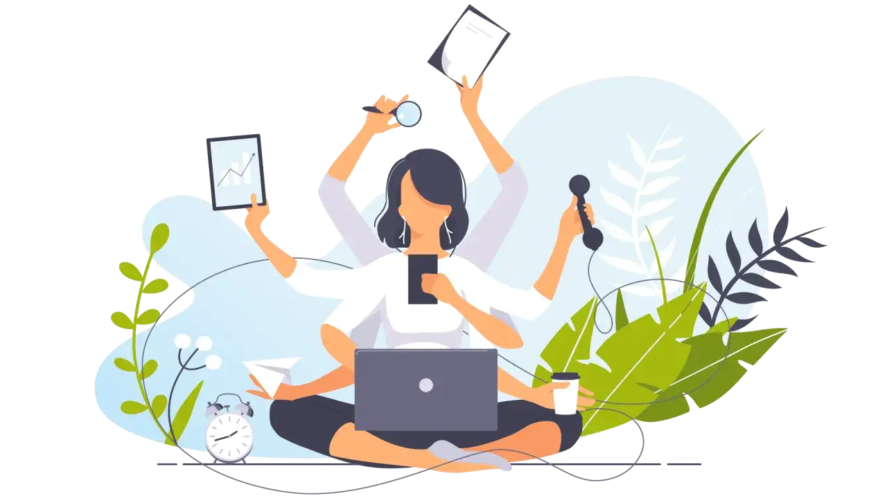 Donna con molte braccia cerca di gestire tutto: telefono, laptop, grafici, lente d'ingrandimento, caffè. Sto vivendo un periodo difficile.