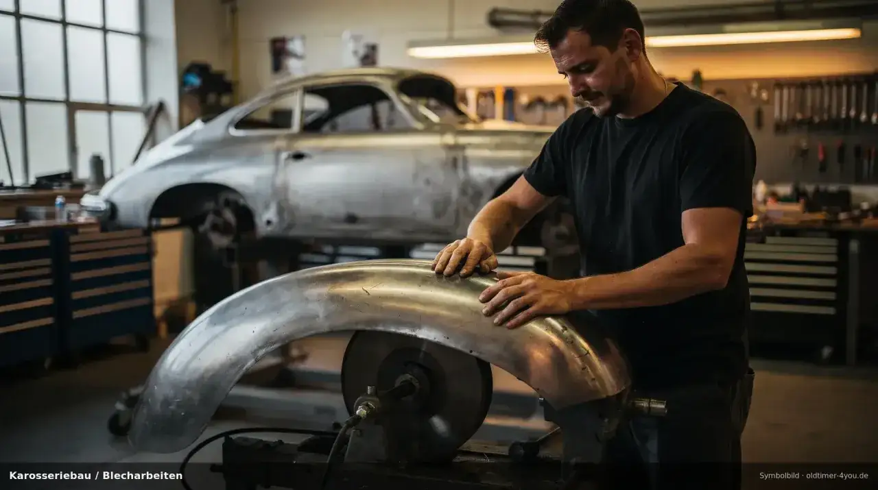 Meister formt mit Karosserie Werkzeug ein Blechteil f&uuml;r einen Oldtimer.