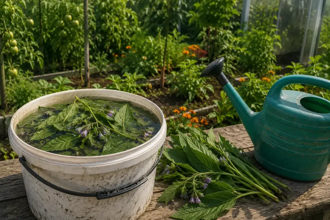 W wiadrze z wodą liście żywokostu tworzą naturalny nawóz. Obok konewka i świeże pędy rośliny.