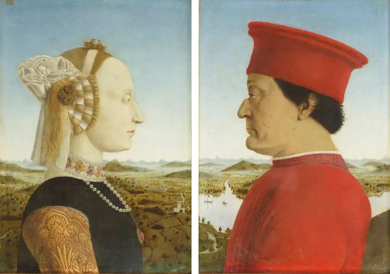 Zwei Renaissance-Porträts im Profil: eine Frau mit aufwendiger Frisur und Schmuck, ein Mann mit rotem Hut. Sie blicken in die Ferne, was ist ein Porträt?