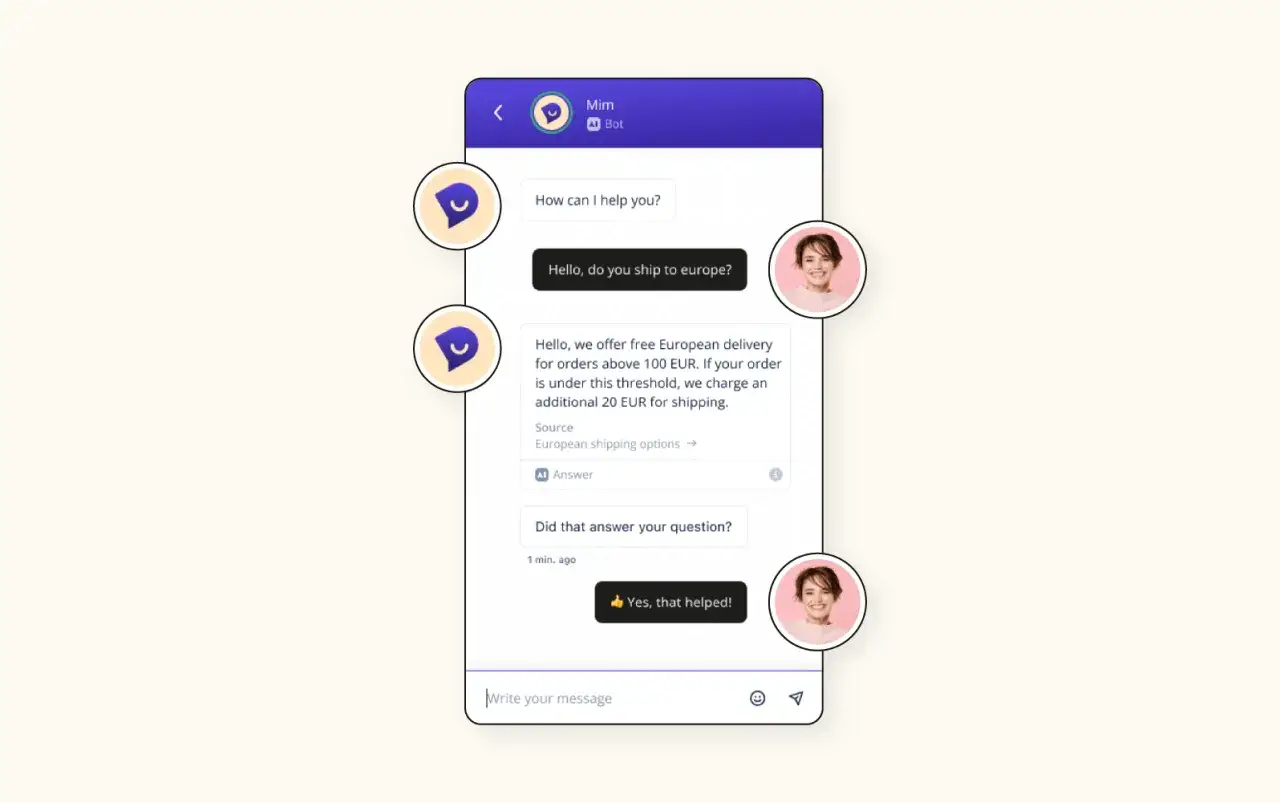 Exemple de chatbot : une conversation sur la livraison europ&eacute;enne. Le bot r&eacute;pond aux questions sur les frais de port.