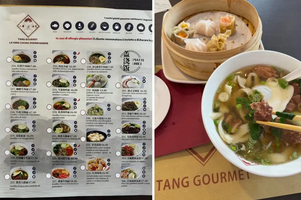 Un delizioso pasto al ristorante cinese milanese Tang Gourmet: dim sum al vapore e una fumante ciotola di noodles.